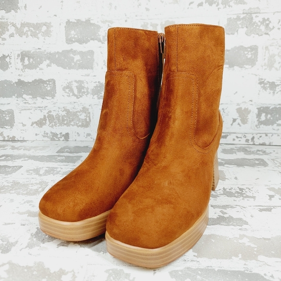 New BP Keyla Platform Brown Faux Suede Chunky Bootie X58 - Picture 2 of 13